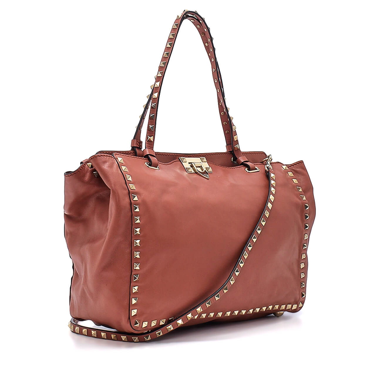 Valentino - Brown Leather Rockstud Trapeze Tote Bag